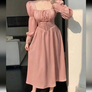 Empire Waist Buttoned Decor Lantern Sleeve Dress